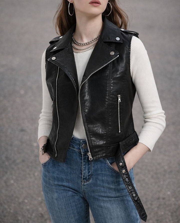 Damska Kamizelka ze Skóry Ekologicznej z Paskiem