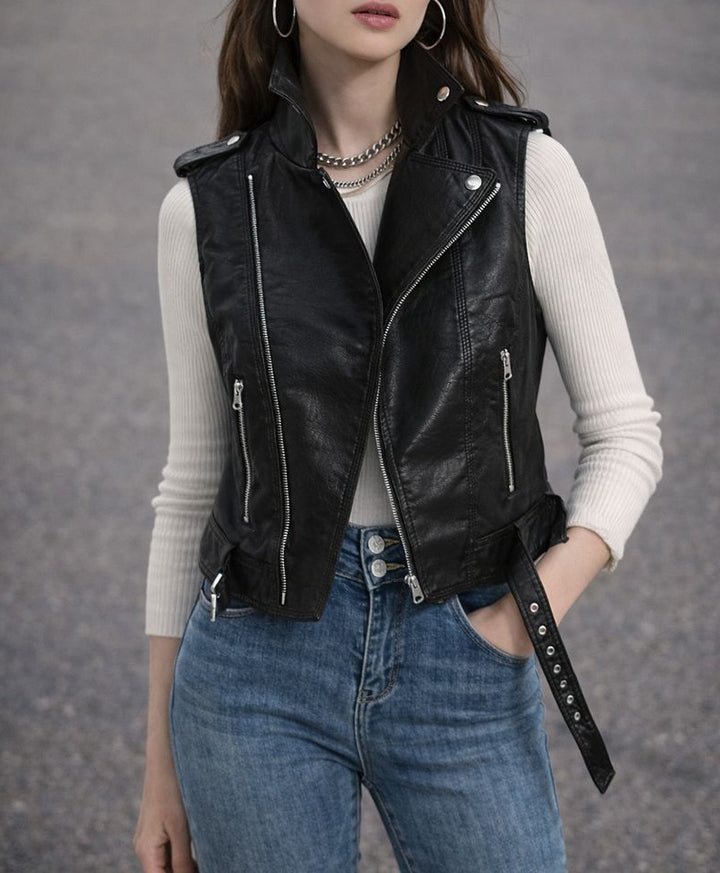 Damska Kamizelka ze Skóry Ekologicznej z Paskiem