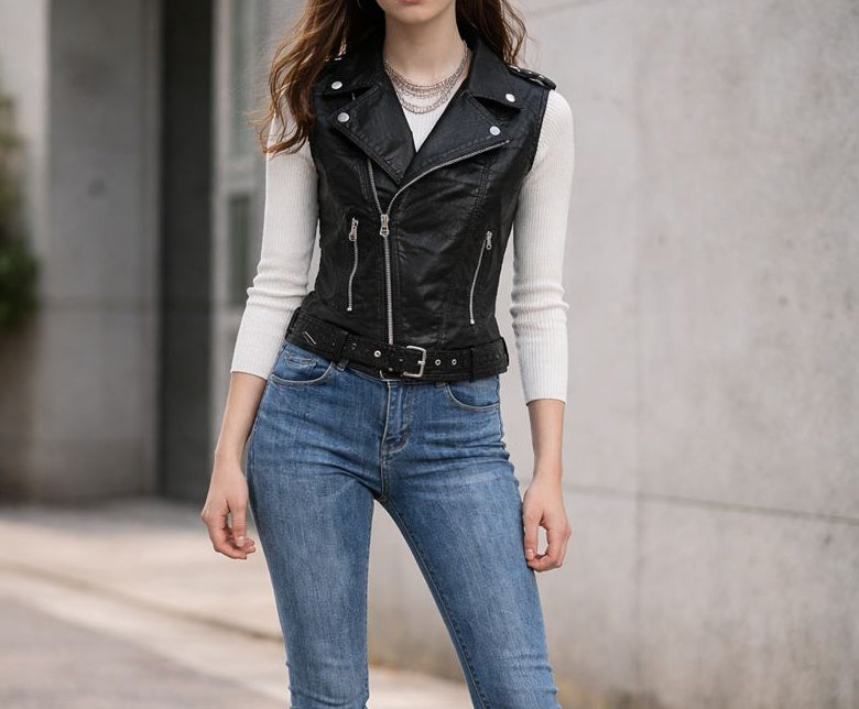 Damska Kamizelka ze Skóry Ekologicznej z Paskiem