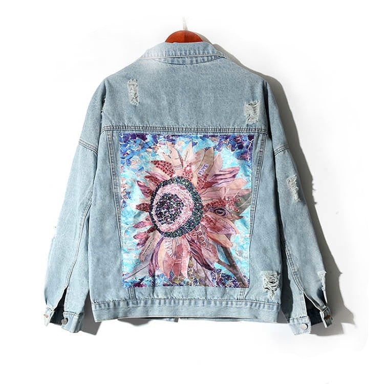 Damska Kurtka Jeansowa z Dużym Słonecznikiem