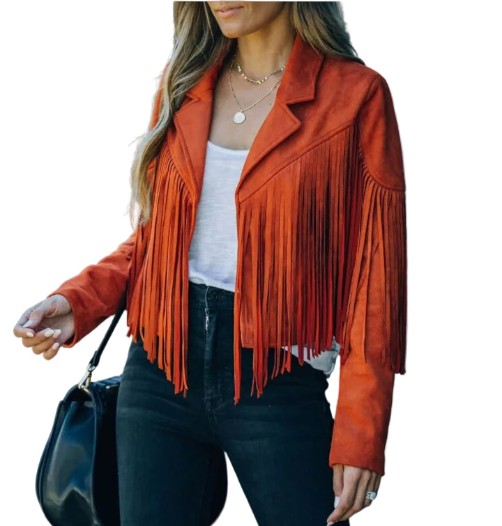 Damska Kurtka z Zamszu Ekologicznego z Frędzlami