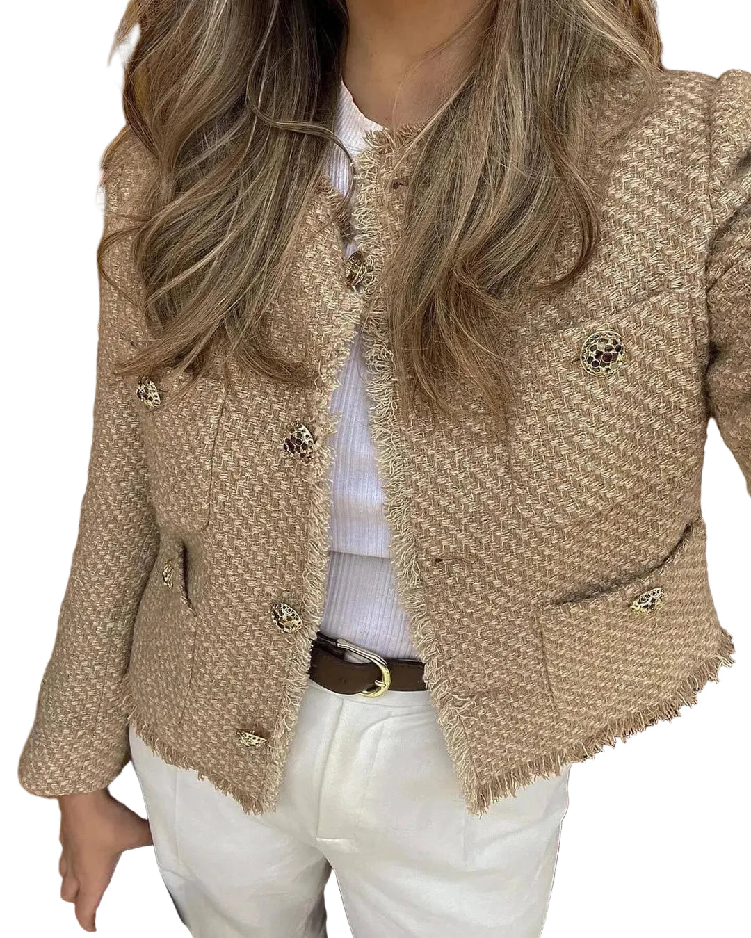 Damska Marynarka W Stylu Tweedowym Ze Złotymi Guzikami