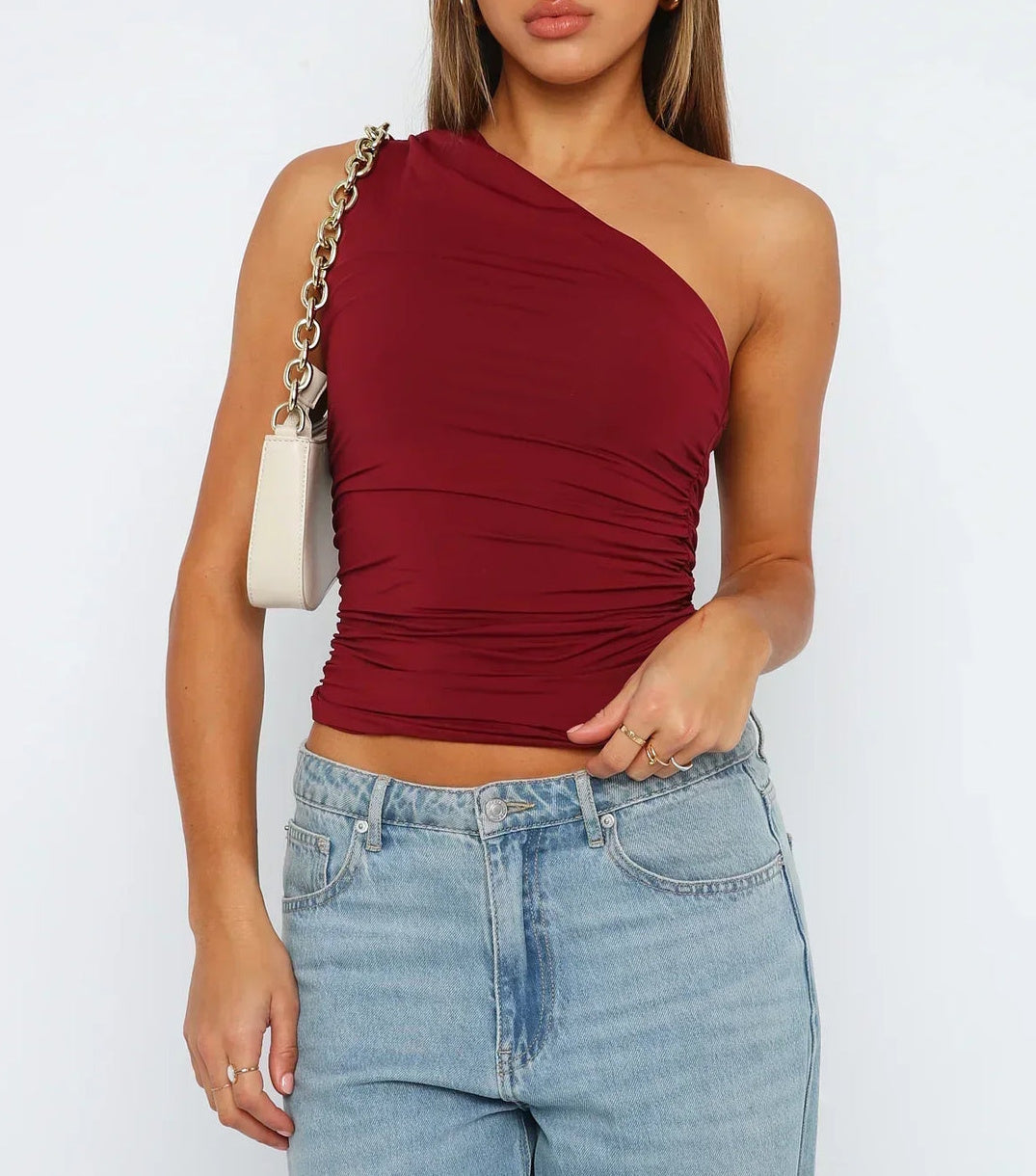 Damski Krótki Top z Falbanką na Jedno Ramię