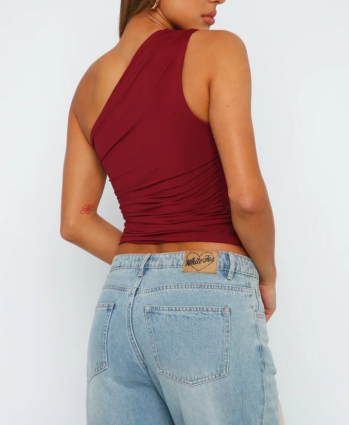 Damski Krótki Top z Falbanką na Jedno Ramię