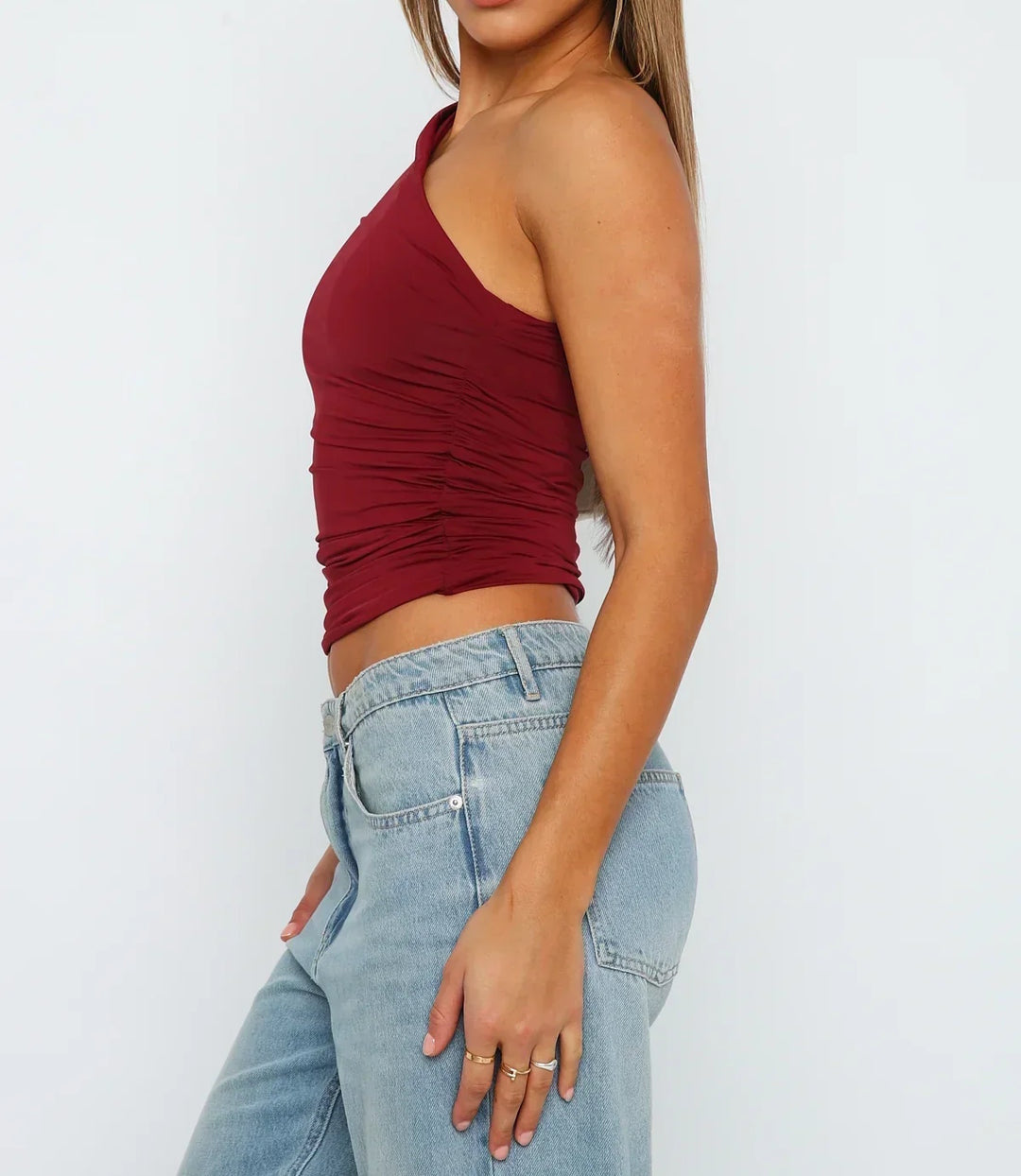 Damski Krótki Top z Falbanką na Jedno Ramię