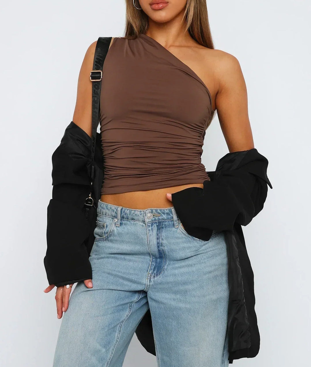 Damski Krótki Top z Falbanką na Jedno Ramię