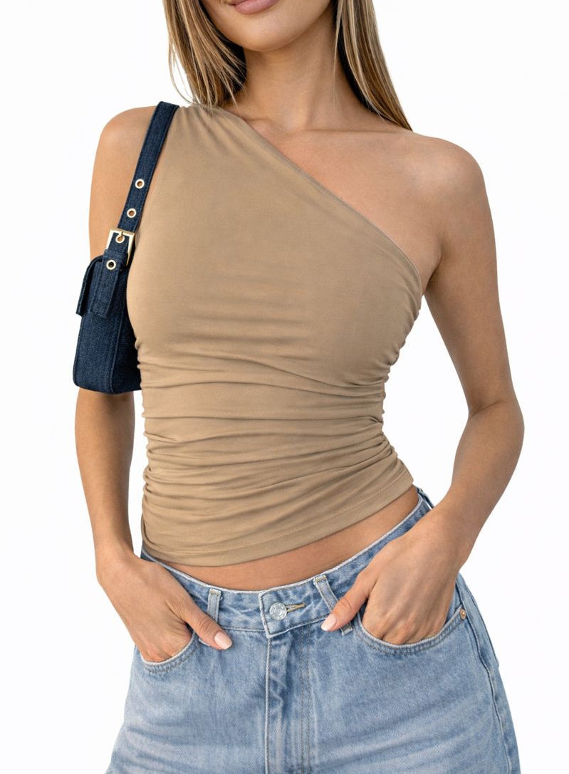 Damski Krótki Top z Falbanką na Jedno Ramię