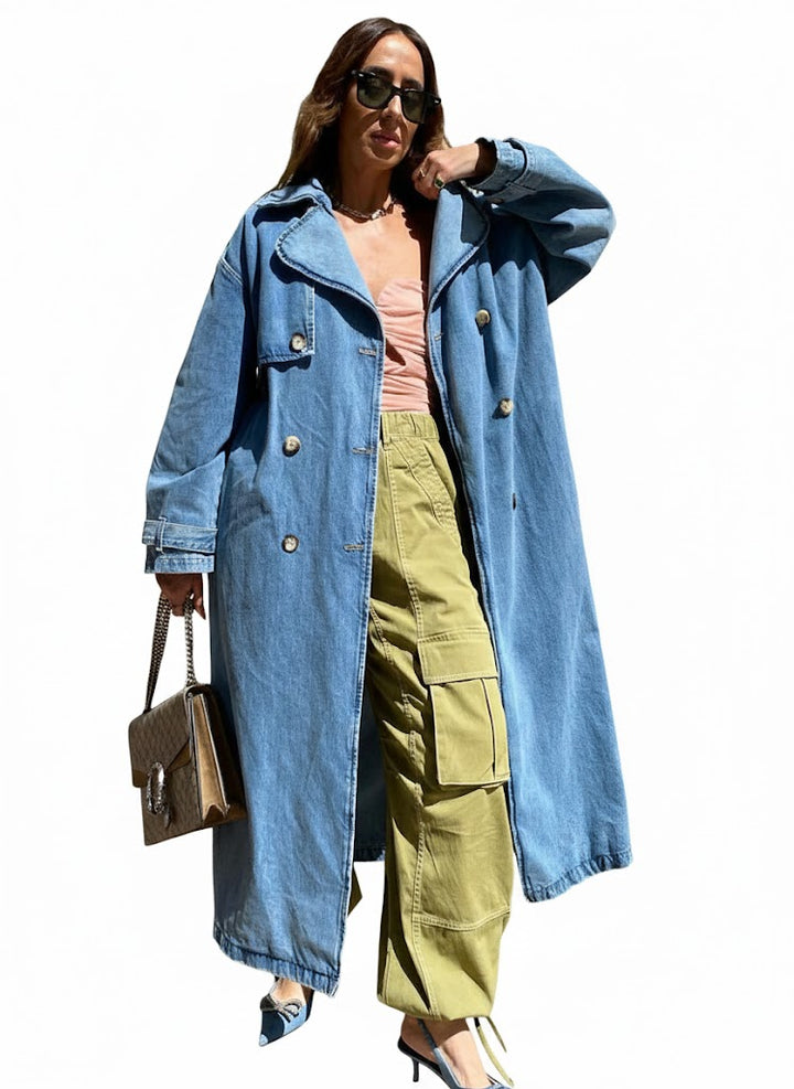 Damski Płaszcz Trench z Długim Rękawem i Paskiem