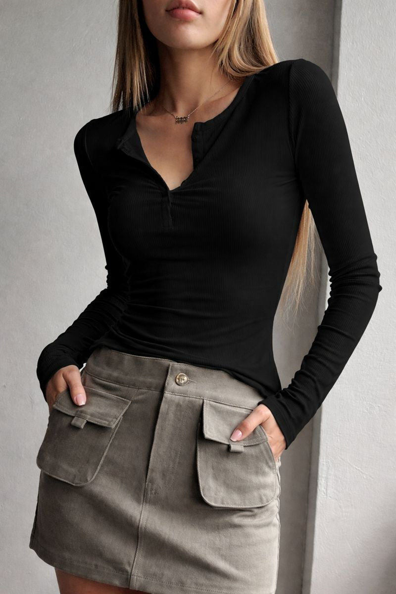 Damski Prążkowany Top Typu Henley z Długim Rękawem