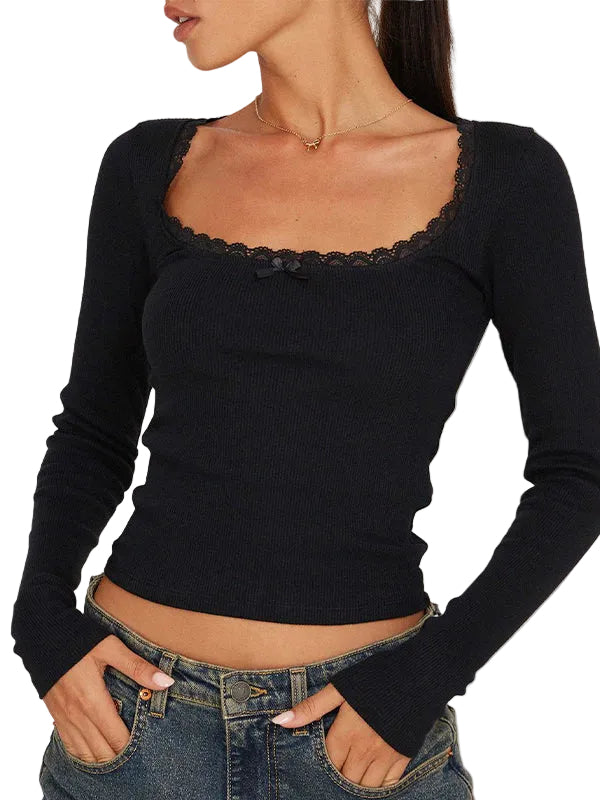 Damski Sweter Klasyczny Z Dekoltem U I Koronką