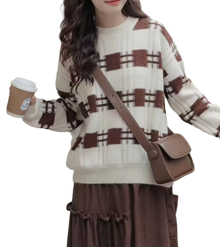 Damski Sweter w Kratkę z Okrągłym Dekoltem