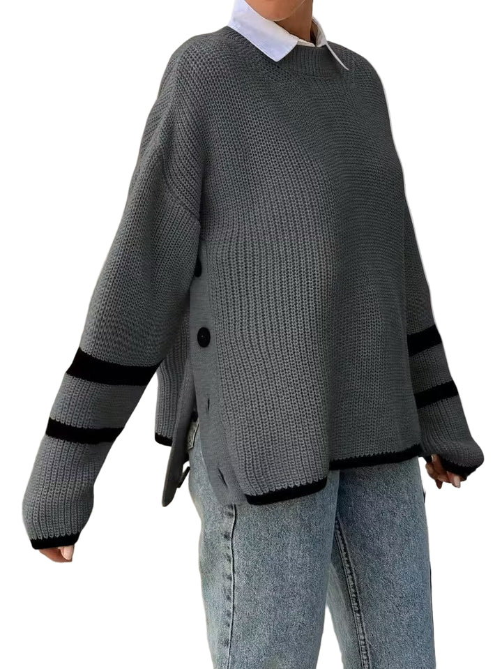 Damski Sweter w Paski z Dekoltem Okrągłym