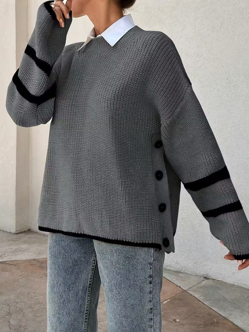 Damski Sweter w Paski z Dekoltem Okrągłym