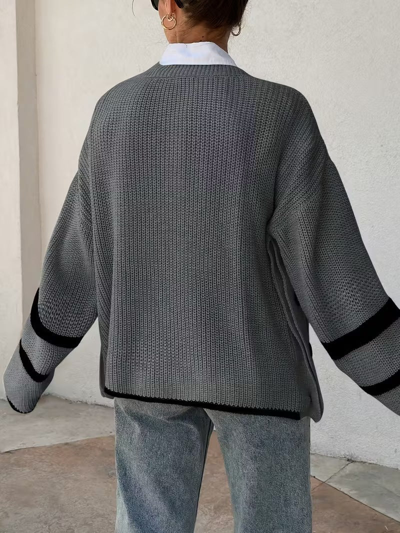 Damski Sweter w Paski z Dekoltem Okrągłym