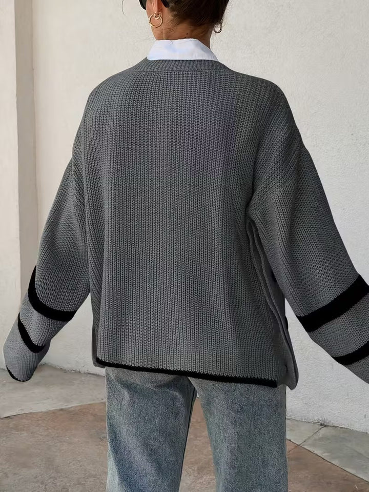 Damski Sweter w Paski z Dekoltem Okrągłym