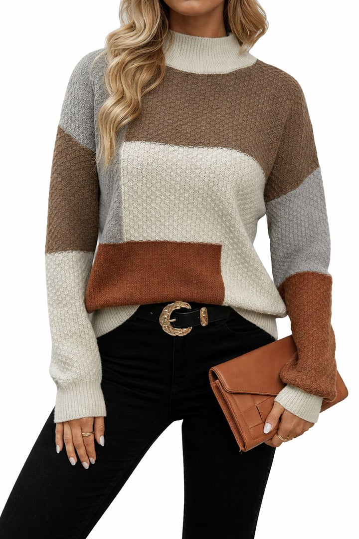 Damski Sweter z Golfem w Stylu Patchworkowym o Strukturze Waflowej