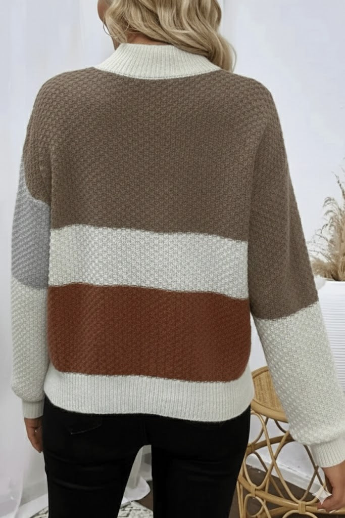 Damski Sweter z Golfem w Stylu Patchworkowym o Strukturze Waflowej