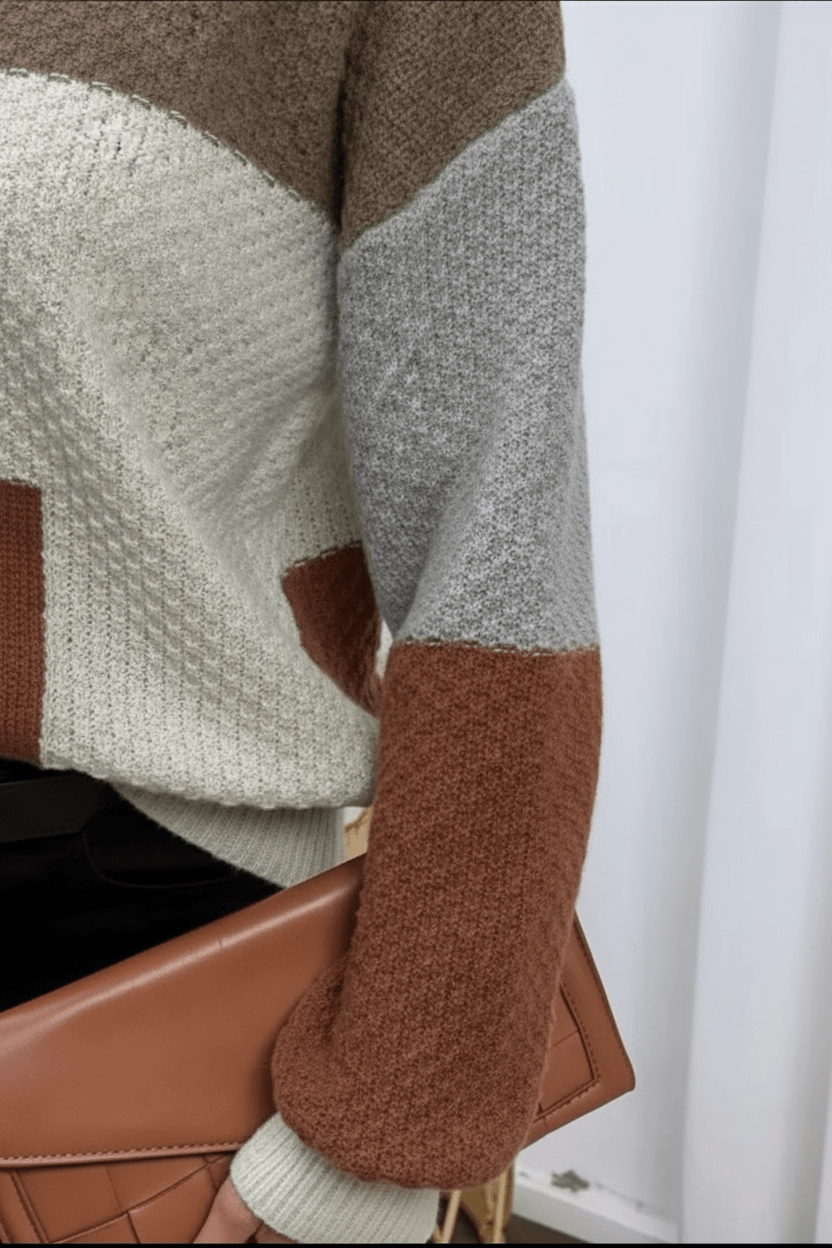 Damski Sweter z Golfem w Stylu Patchworkowym o Strukturze Waflowej