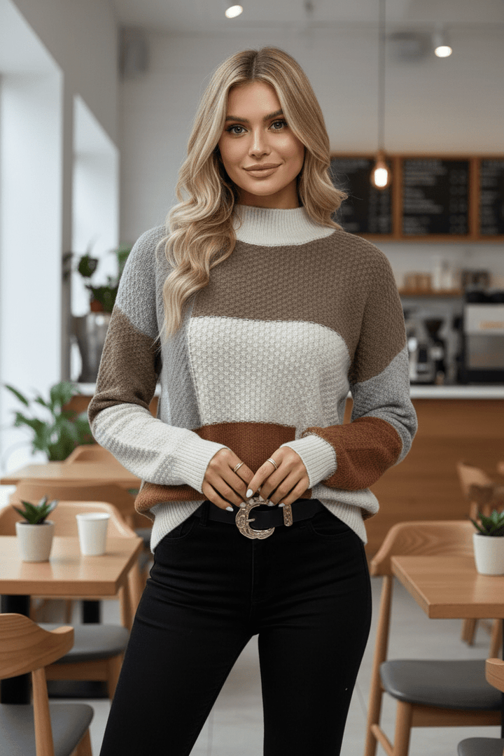 Damski Sweter z Golfem w Stylu Patchworkowym o Strukturze Waflowej