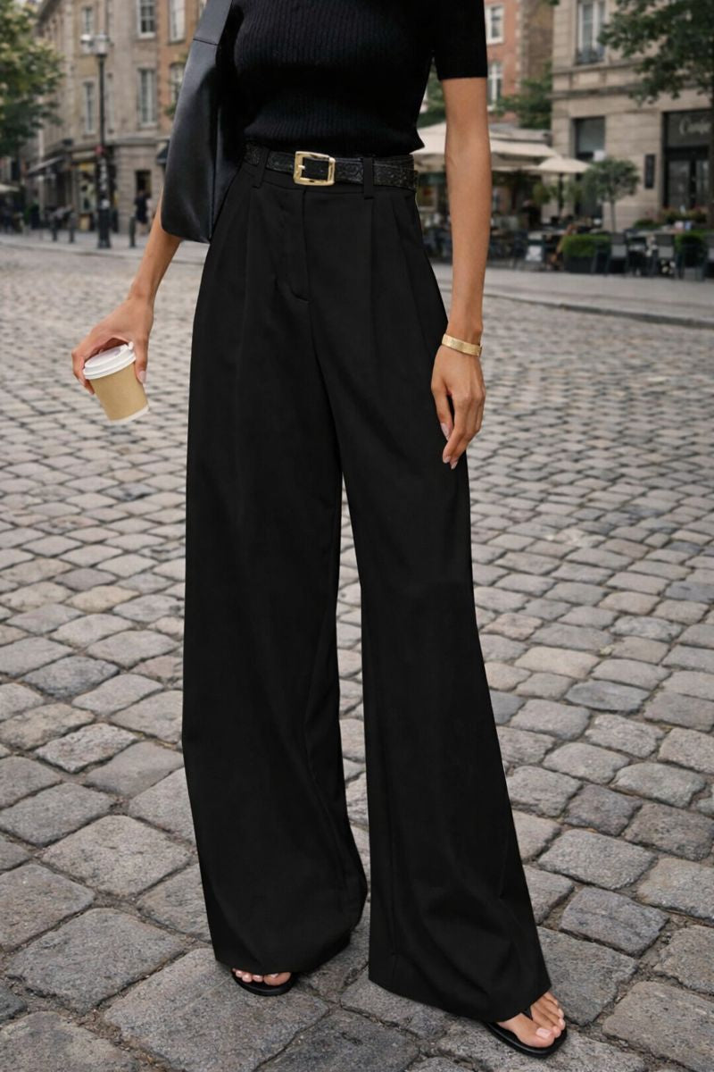 Damski Szerokie Spodnie z Wysokim Stanem i Zakładkami