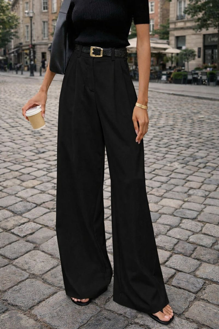 Damski Szerokie Spodnie z Wysokim Stanem i Zakładkami