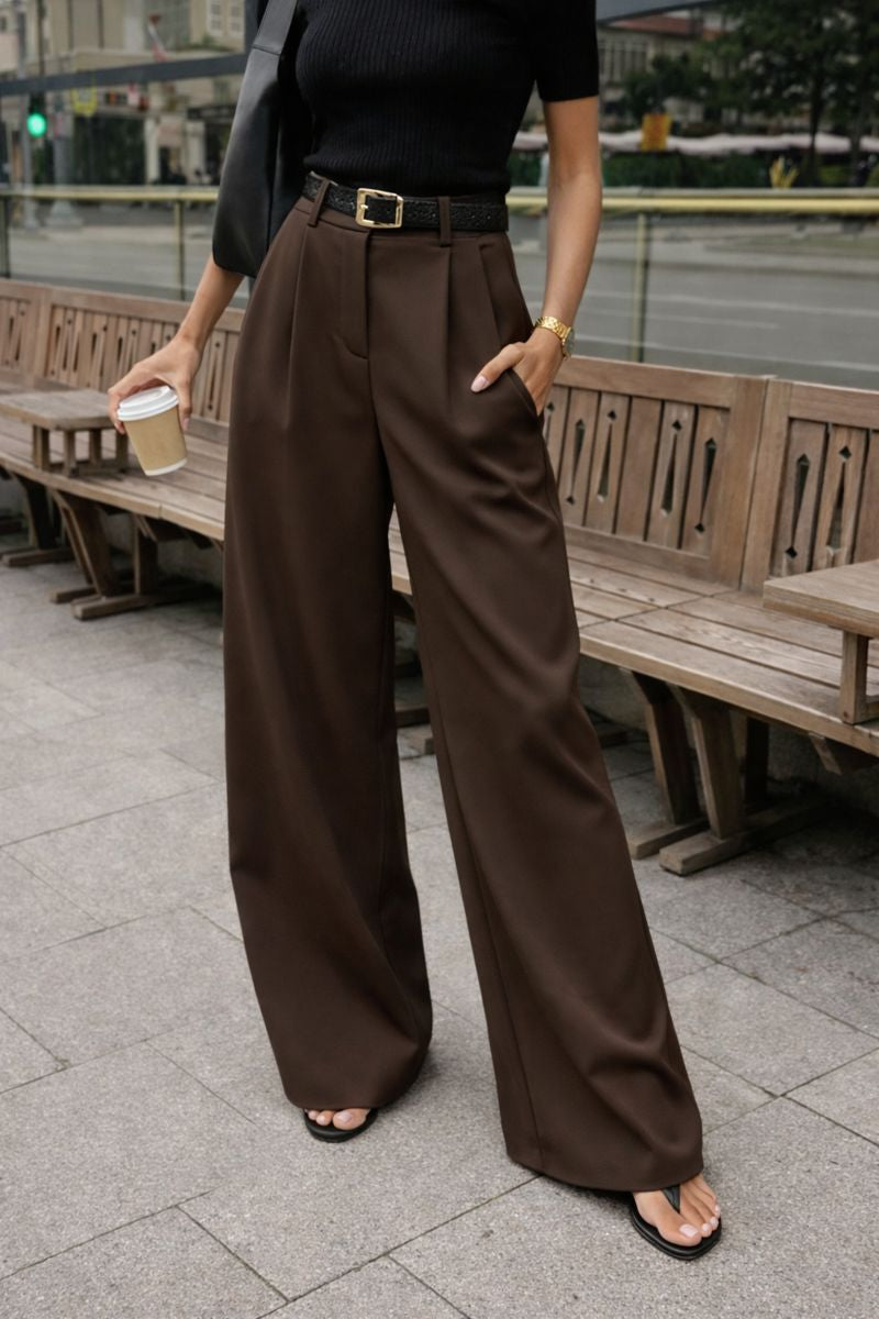 Damski Szerokie Spodnie z Wysokim Stanem i Zakładkami