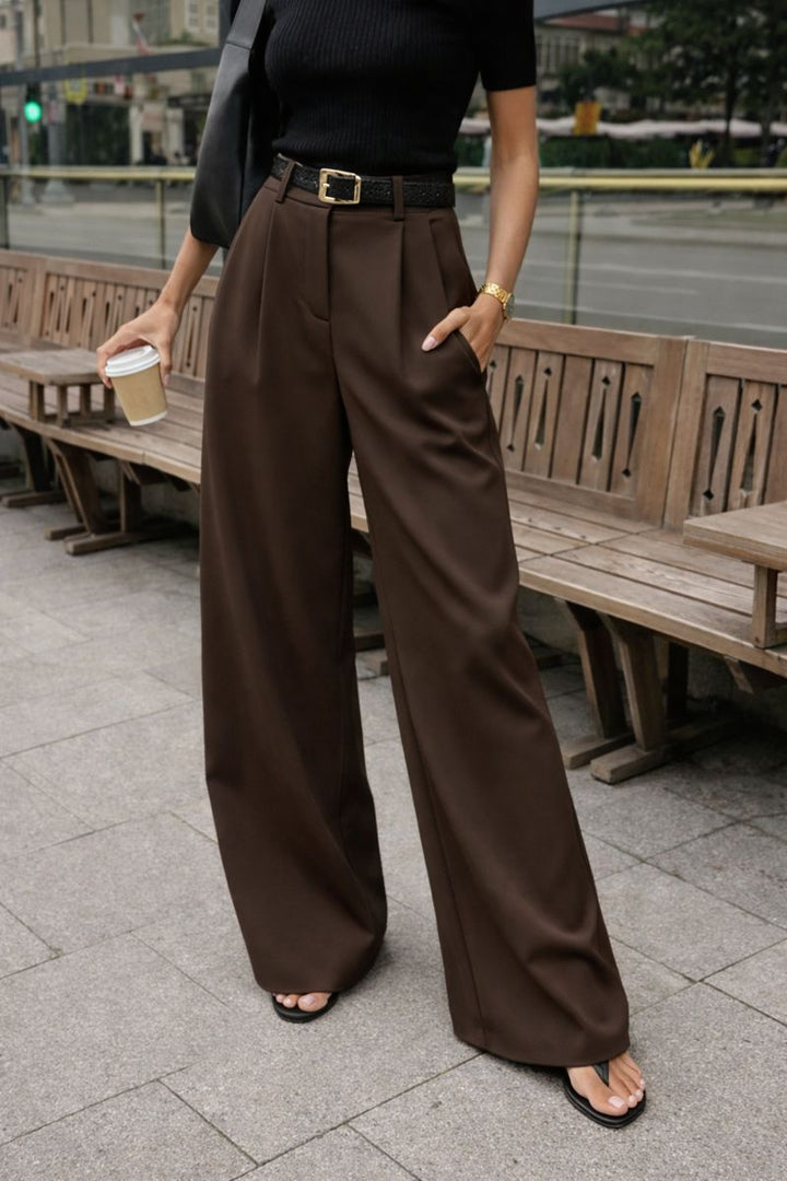 Damski Szerokie Spodnie z Wysokim Stanem i Zakładkami