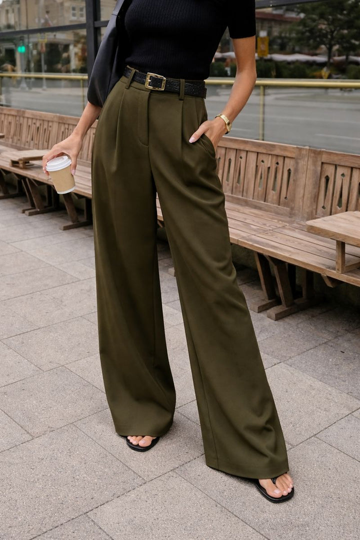 Damski Szerokie Spodnie z Wysokim Stanem i Zakładkami
