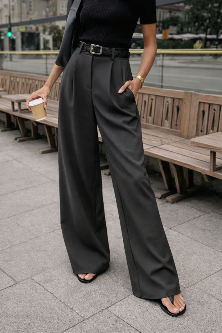 Damski Szerokie Spodnie z Wysokim Stanem i Zakładkami