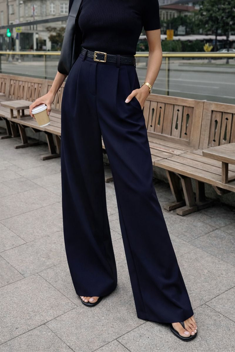 Damski Szerokie Spodnie z Wysokim Stanem i Zakładkami