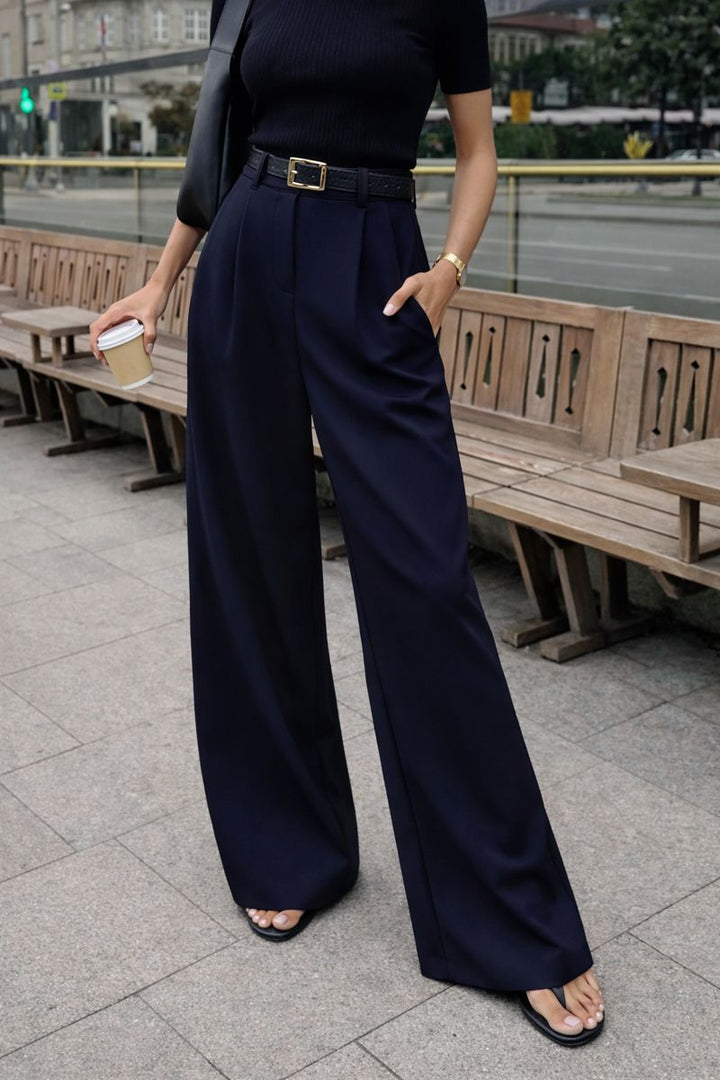 Damski Szerokie Spodnie z Wysokim Stanem i Zakładkami