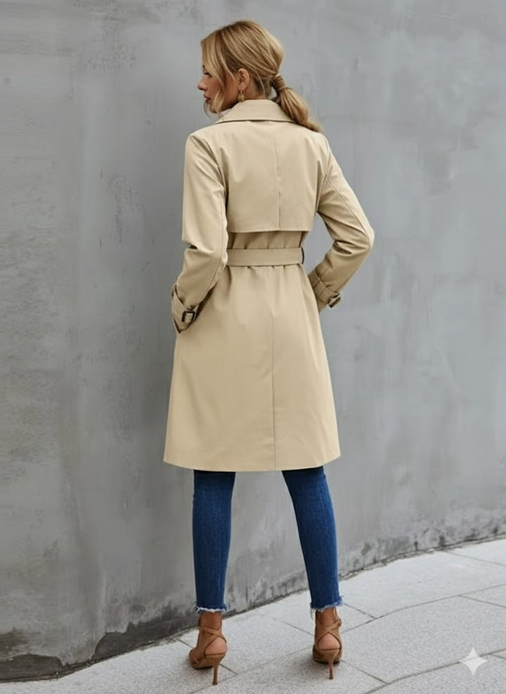 Damski Trencz z Podwójnym Zapięciem i Paskiem