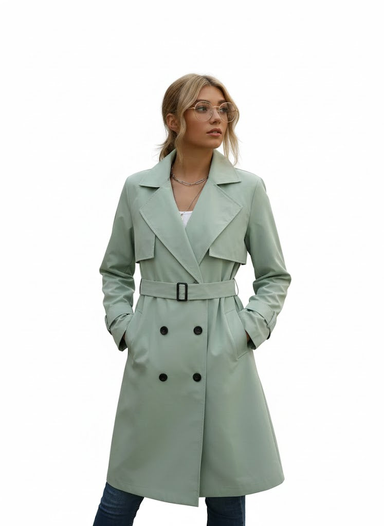 Damski Trencz z Podwójnym Zapięciem i Paskiem