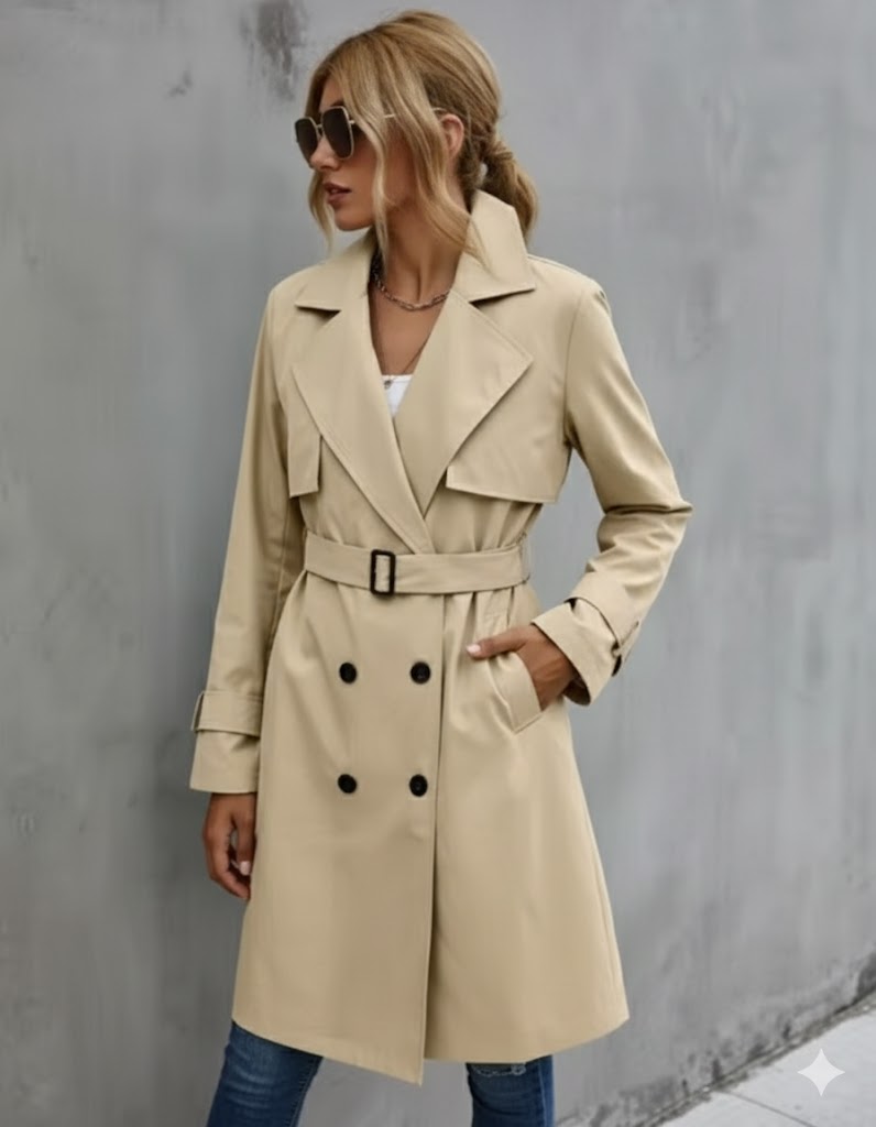 Damski Trencz z Podwójnym Zapięciem i Paskiem