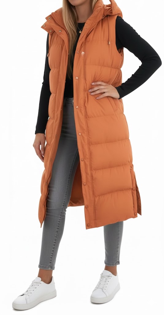 Damski Płaszcz  z Kapturem Długi Bez Rękawów