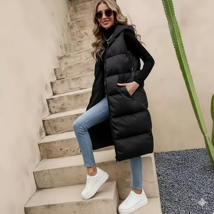 Damski Płaszcz  z Kapturem Długi Bez Rękawów