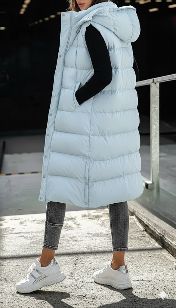 Damski Płaszcz  z Kapturem Długi Bez Rękawów