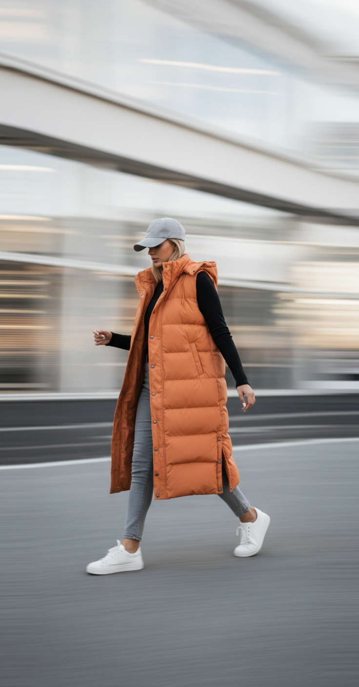 Damski Płaszcz  z Kapturem Długi Bez Rękawów