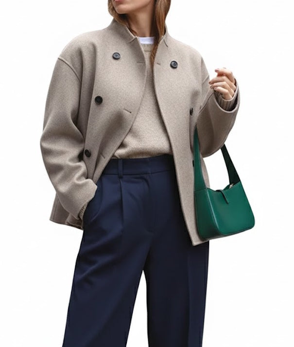 Kurtka Damska Krótka Wełniana Beżowa z Kołnierzem