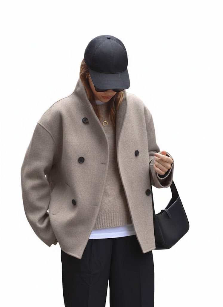 Kurtka Damska Krótka Wełniana Beżowa z Kołnierzem