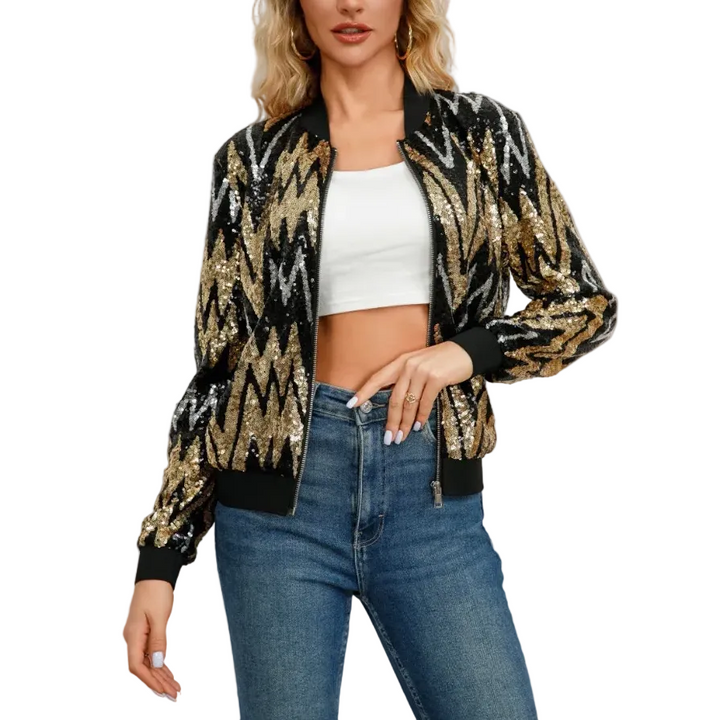 Kurtka Damska Z Wzorem W Zygzak Z Cekinami