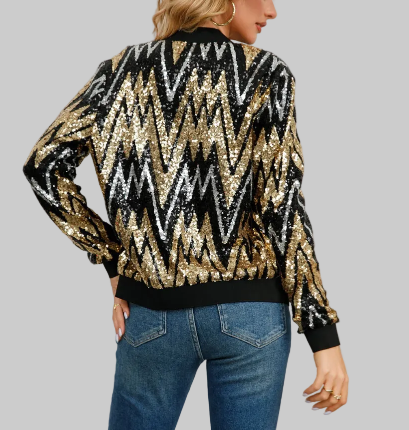 Kurtka Damska Z Wzorem W Zygzak Z Cekinami