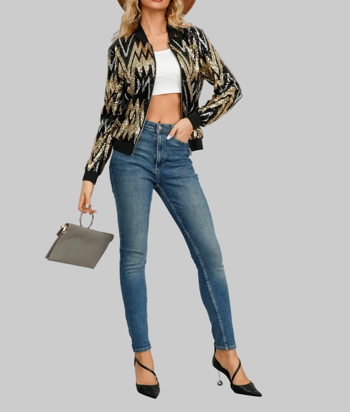Kurtka Damska Z Wzorem W Zygzak Z Cekinami