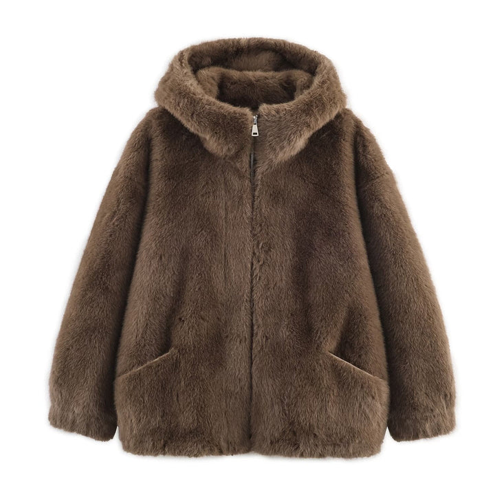 Kurtka Damska z Imitacji Futra z Kapturem i Kieszeniami