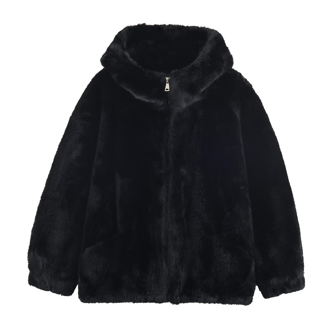 Kurtka Damska z Imitacji Futra z Kapturem i Kieszeniami