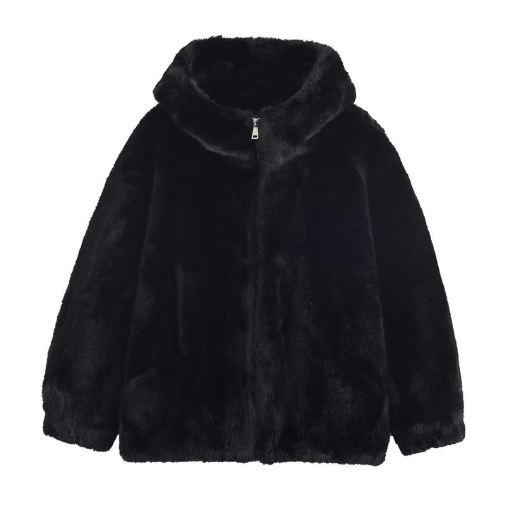 Kurtka Damska z Imitacji Futra z Kapturem i Kieszeniami
