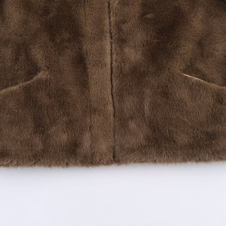 Kurtka Damska z Imitacji Futra z Kapturem i Kieszeniami