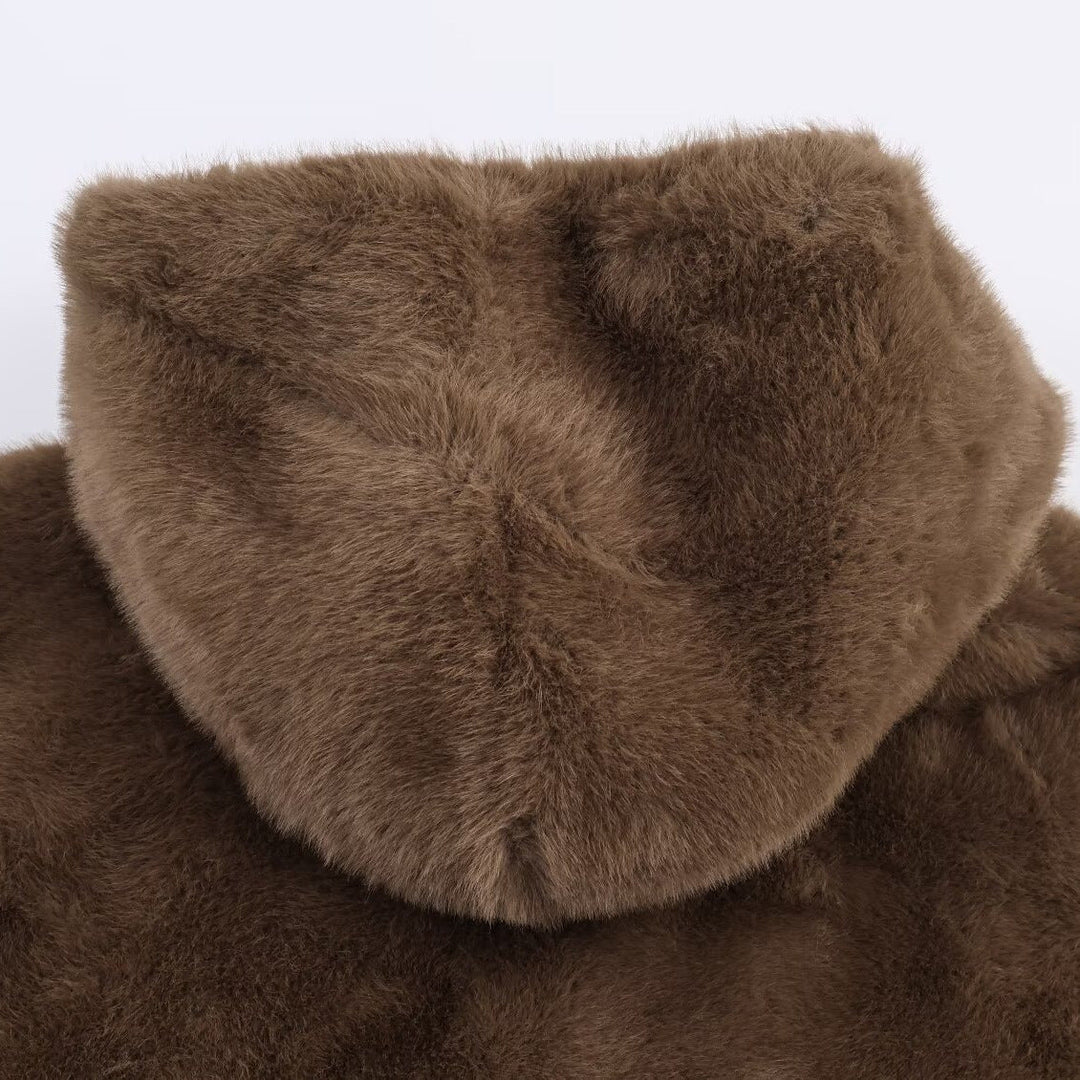 Kurtka Damska z Imitacji Futra z Kapturem i Kieszeniami