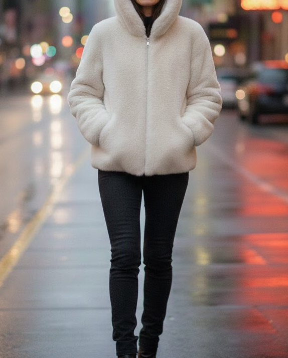 Kurtka Damska z Imitacji Futra z Kapturem i Kieszeniami