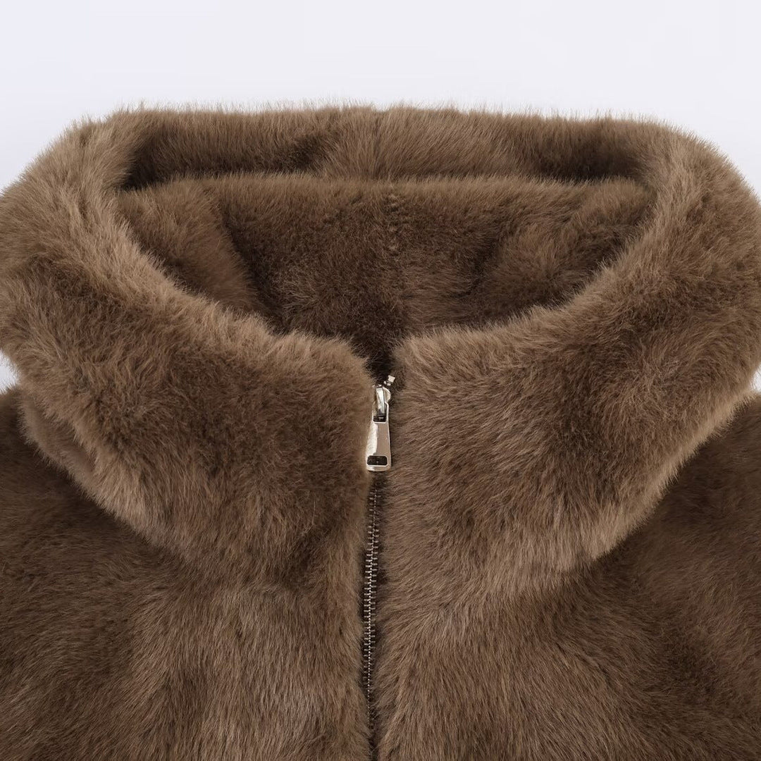 Kurtka Damska z Imitacji Futra z Kapturem i Kieszeniami